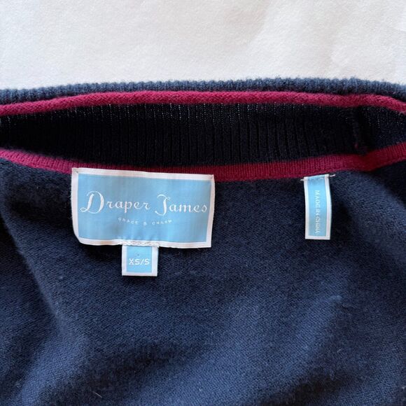 Draper James 100% Wool Cora Cape Open Cardigan in Nassau Navy & Maroon Red Trim - Picture 7 of 11